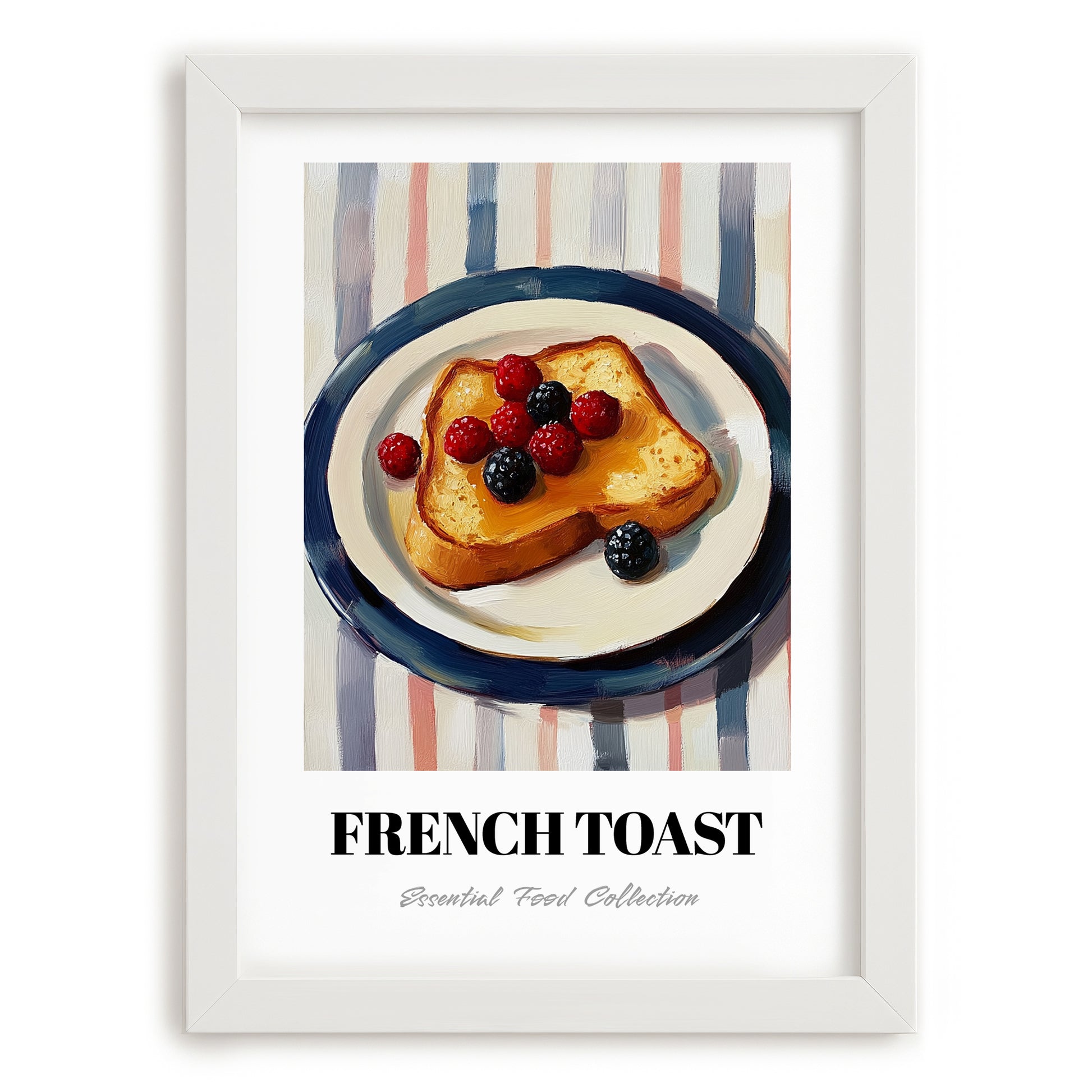 French Toast – on Striped Tablecloth, French Food Painting, placed in minimal white frame