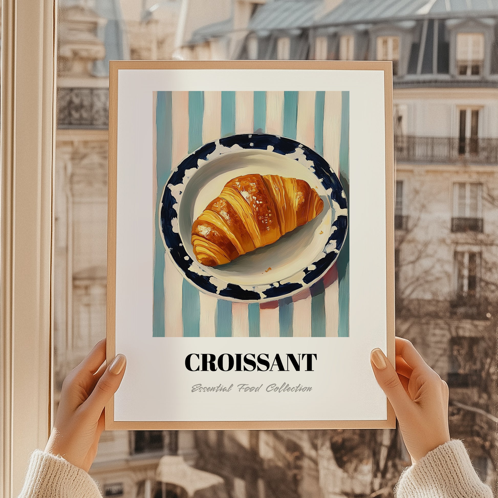 Croissant – on Striped Tablecloth, French French Pastry Art, styled in a charming Paris street view