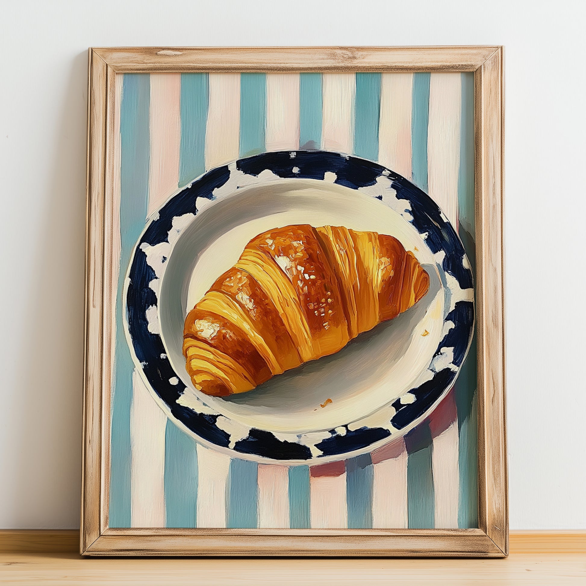 Croissant – on Striped Tablecloth, French French Pastry Art, no-text version framed in wood