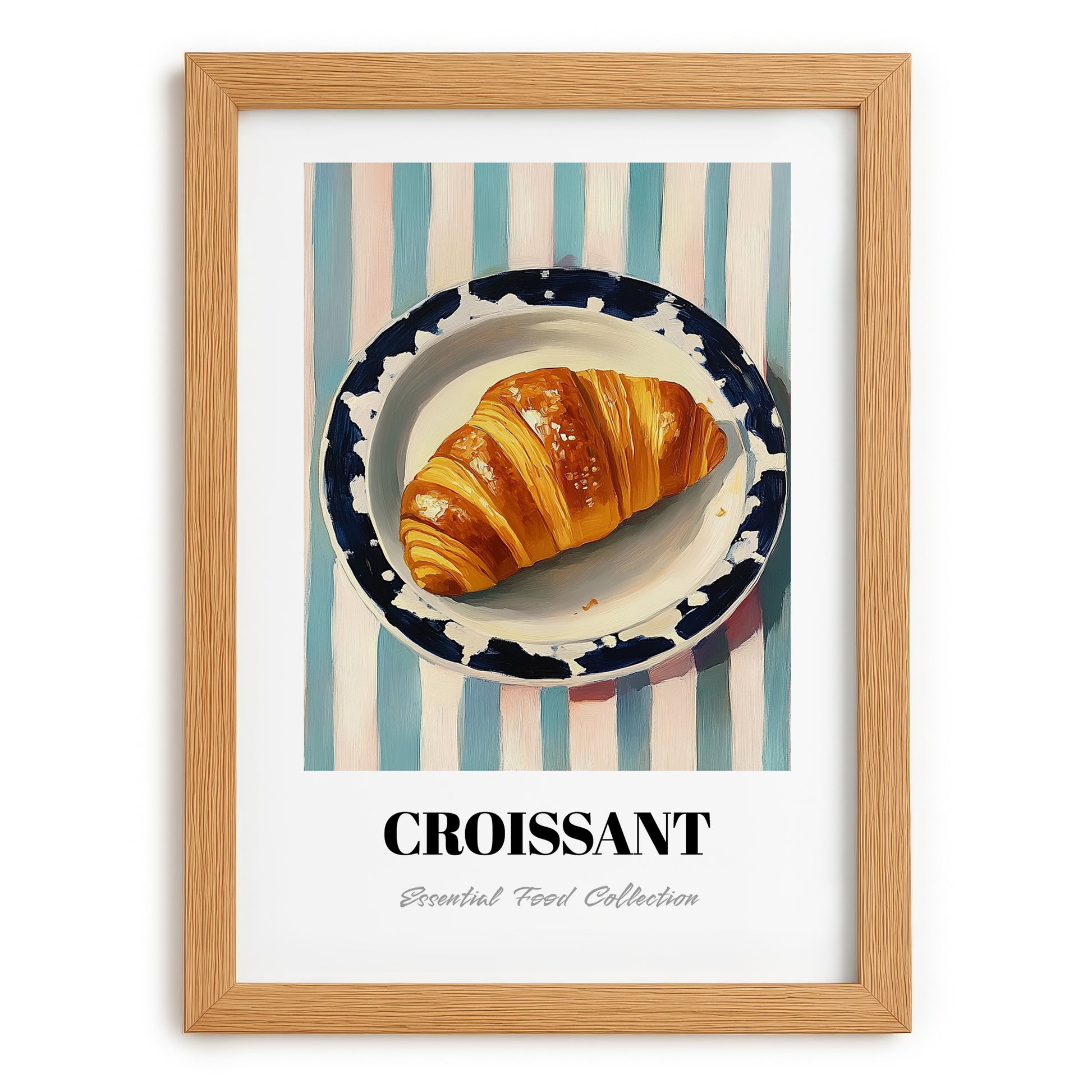 Croissant – on Striped Tablecloth, French French Pastry Art, set in oak frame