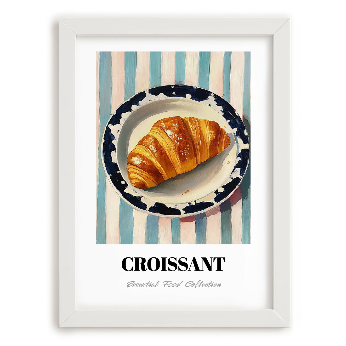 Croissant – on Striped Tablecloth, French French Pastry Art, placed in minimal white frame