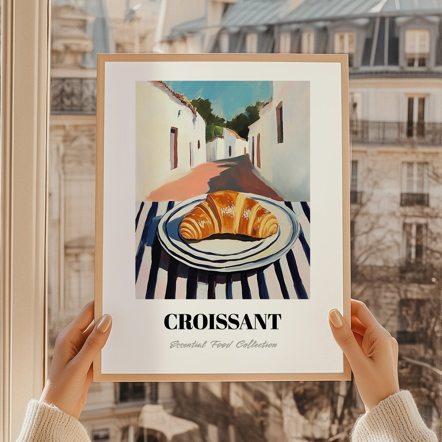 Croissant – White village Street Café Scene, French French Pastry Wall Painting, styled in a charming Paris street view