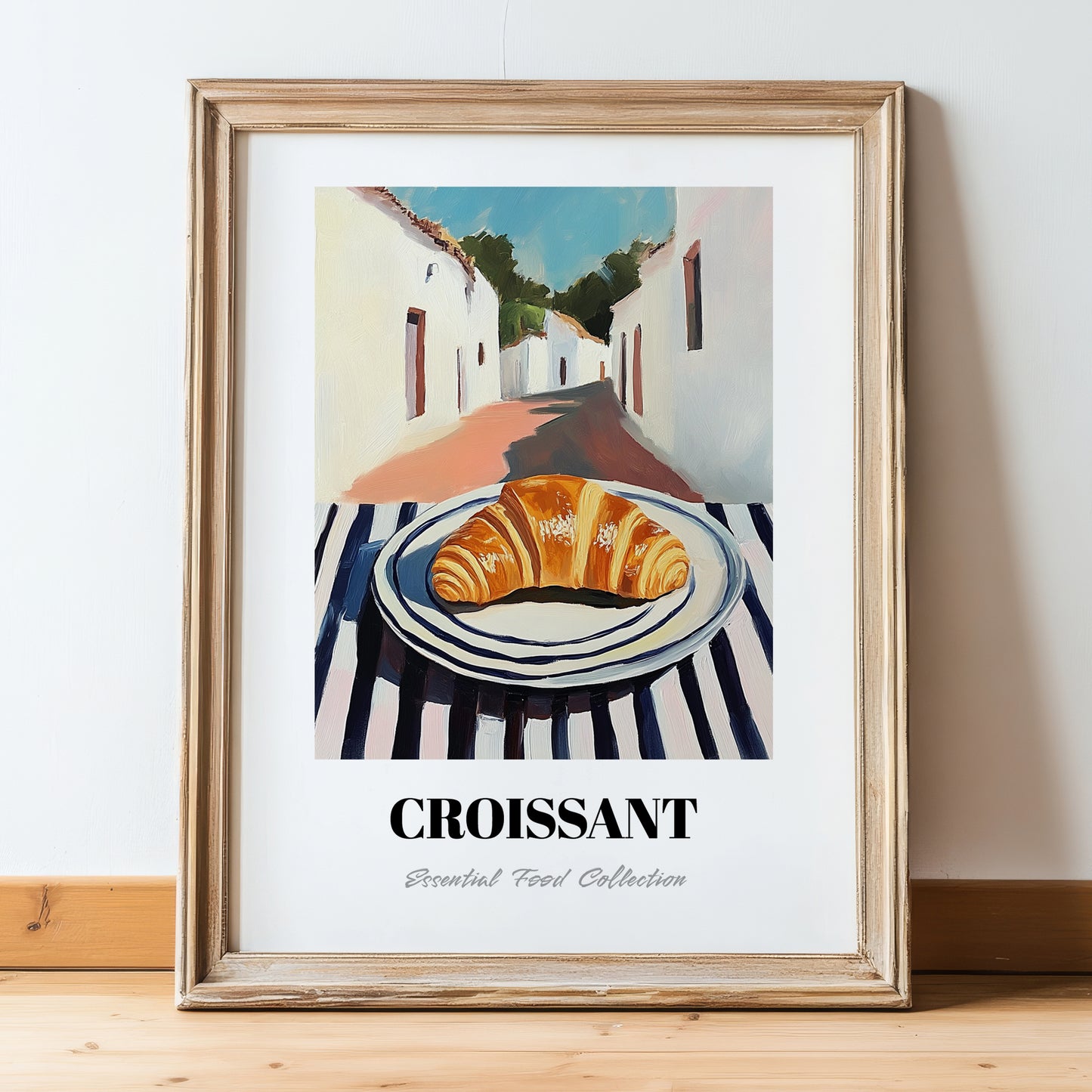 Croissant – White village Street Café Scene, French French Pastry Wall Painting, in wooden frame leaning on the floor