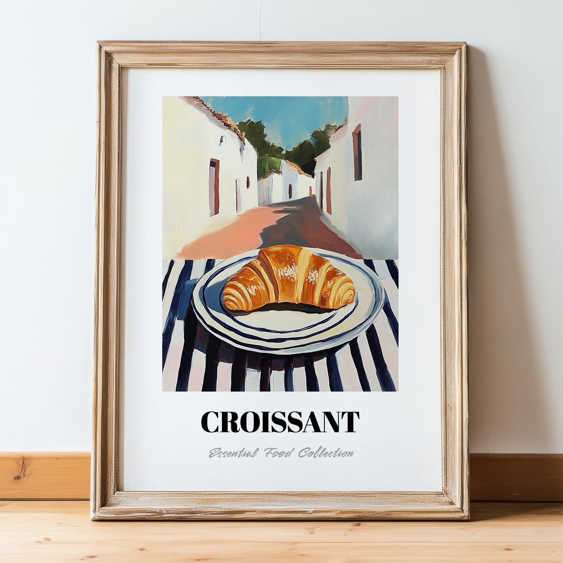 Croissant – White village Street Café Scene, French French Pastry Wall Painting, in wooden frame leaning on the floor