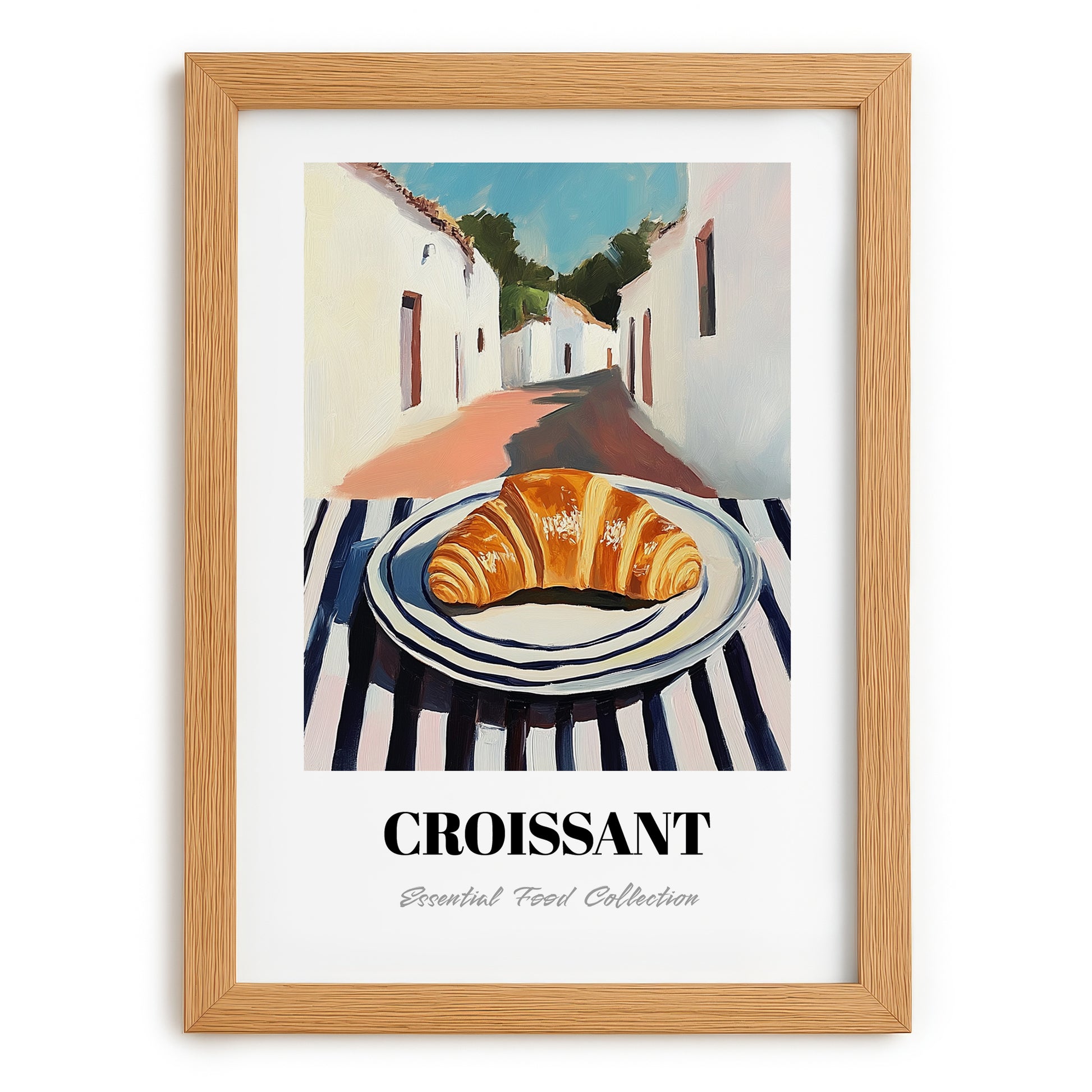 Croissant – White village Street Café Scene, French French Pastry Wall Painting, set in oak frame