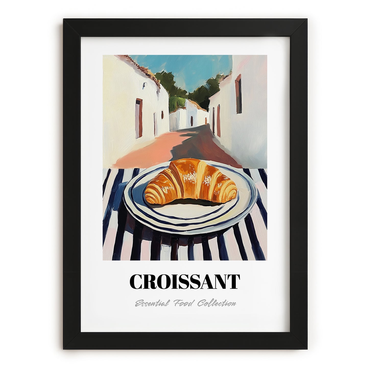 Croissant – White village Street Café Scene, French French Pastry Wall Painting, in sleek black frame