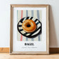 Bagel – on Striped Tablecloth, American Pastry Wall Painting, in wooden frame leaning on the floor