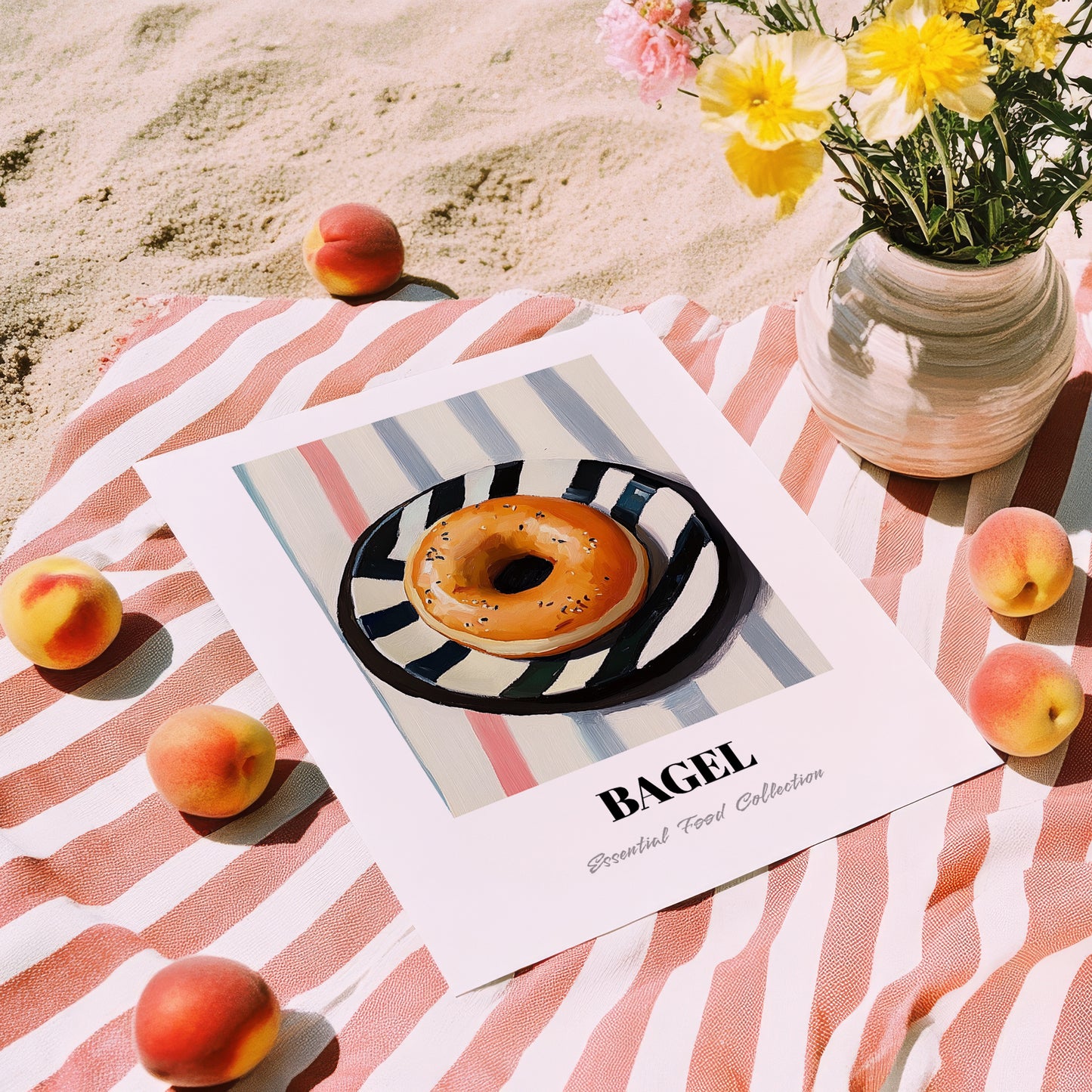 Bagel – on Striped Tablecloth, American Pastry Wall Painting, unframed on coastal sand