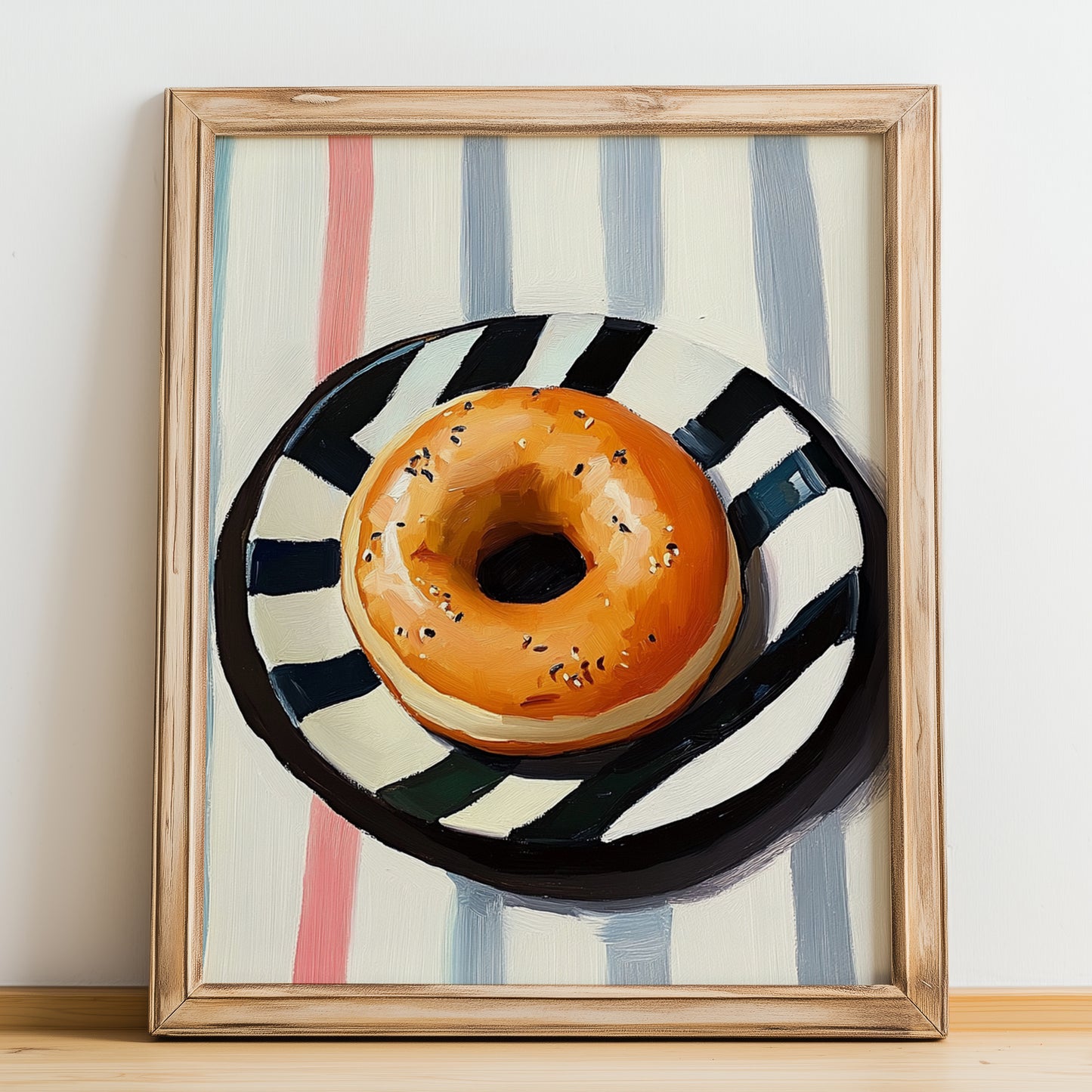 Bagel – on Striped Tablecloth, American Pastry Wall Painting, no-text version framed in wood
