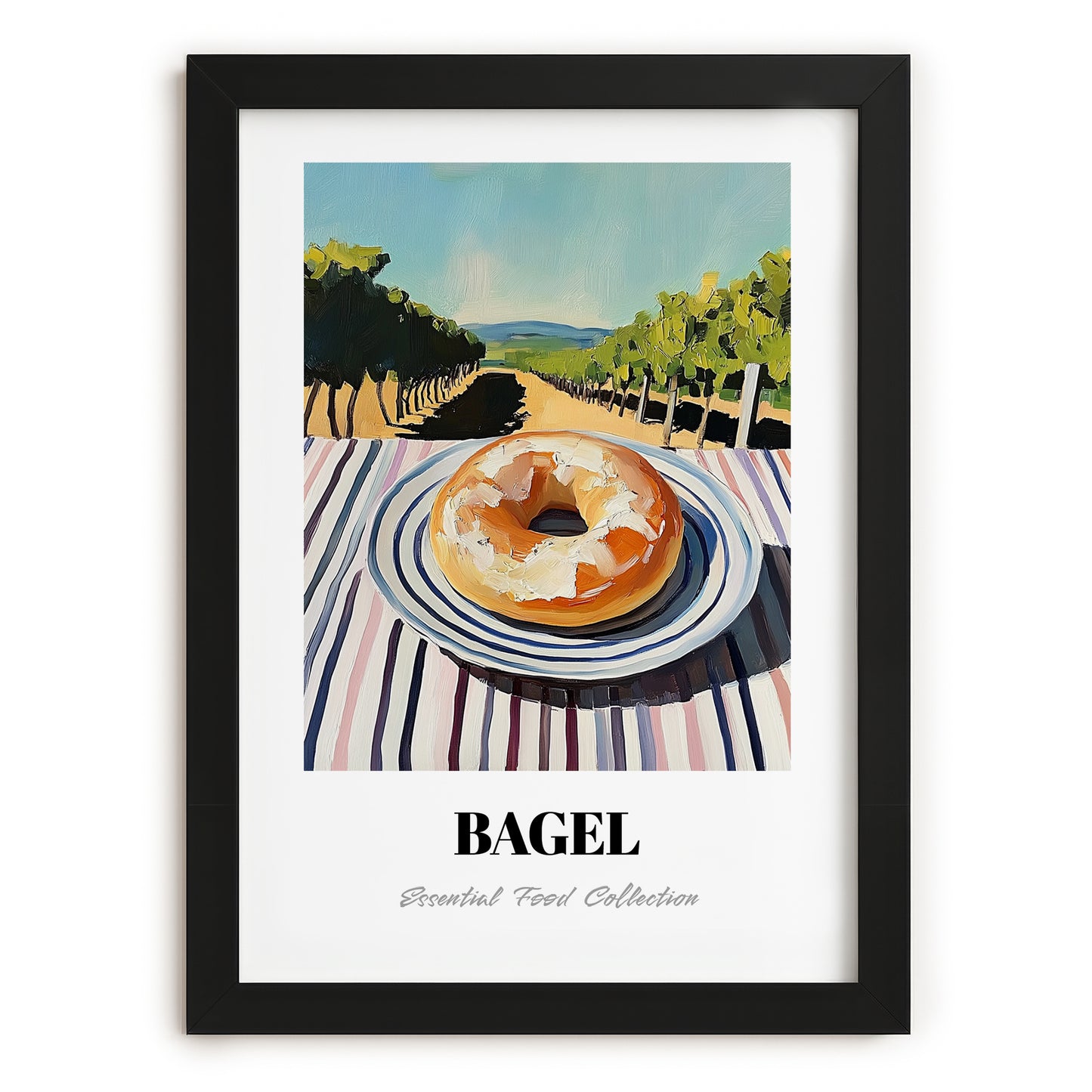 Bagel – Hilltop Table Scene, American Pastry Wall Print, in sleek black frame