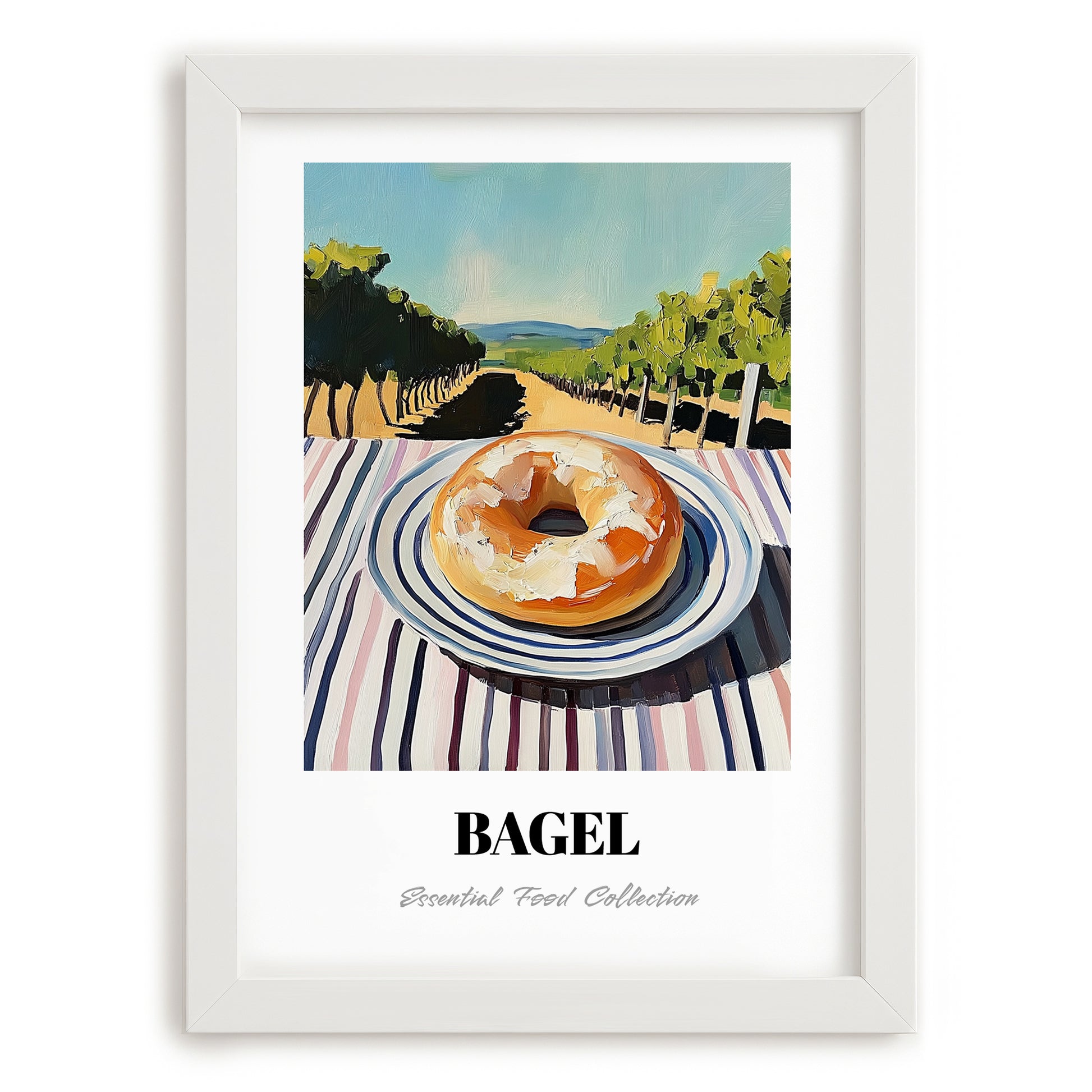 Bagel – Hilltop Table Scene, American Pastry Wall Print, placed in minimal white frame