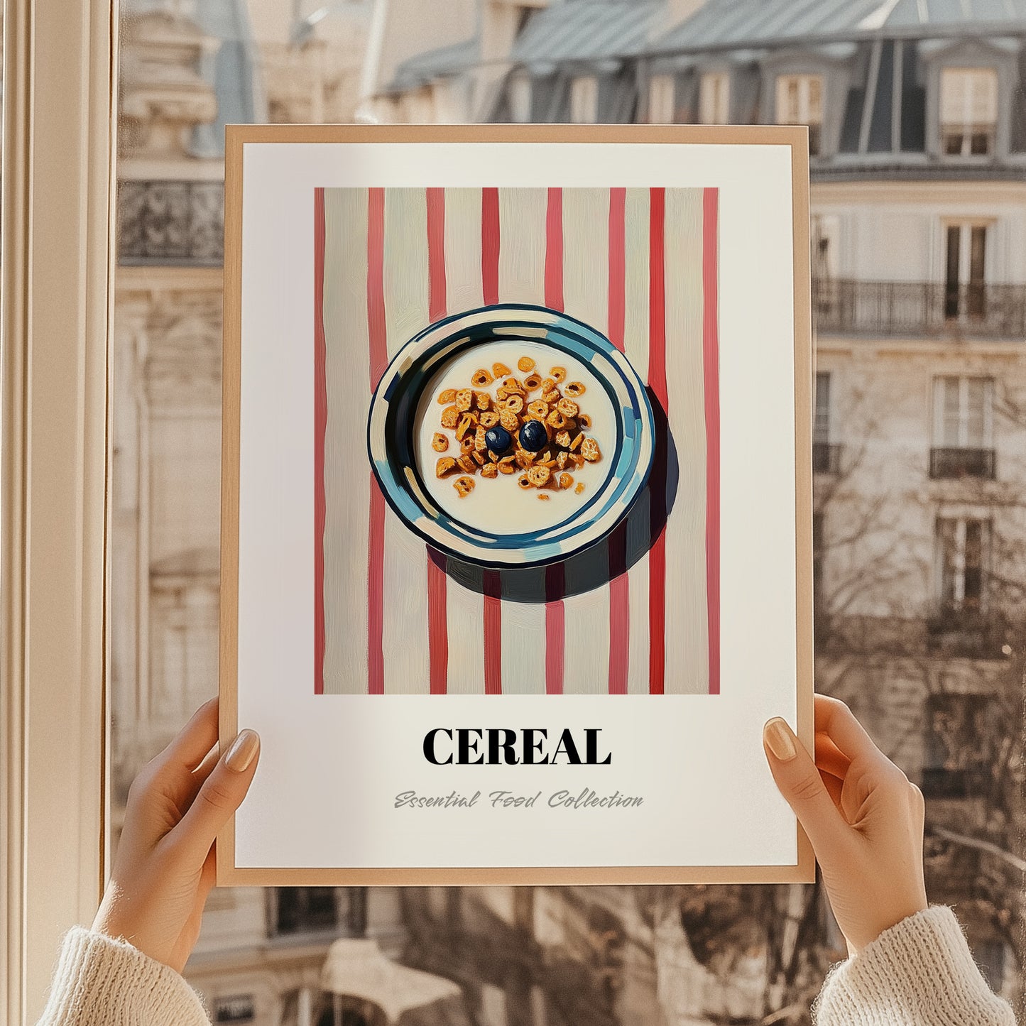 Cereal – on Striped Tablecloth, American Food Still Life, styled in a charming Paris street view