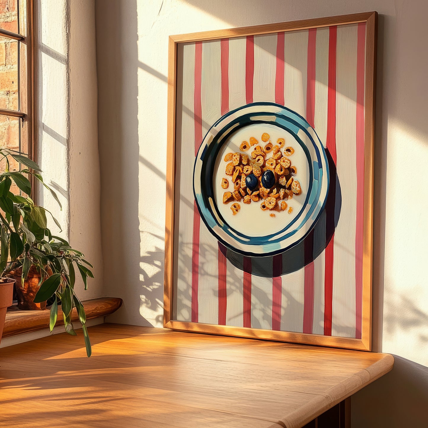 Cereal – on Striped Tablecloth, American Food Still Life, clean layout with no caption