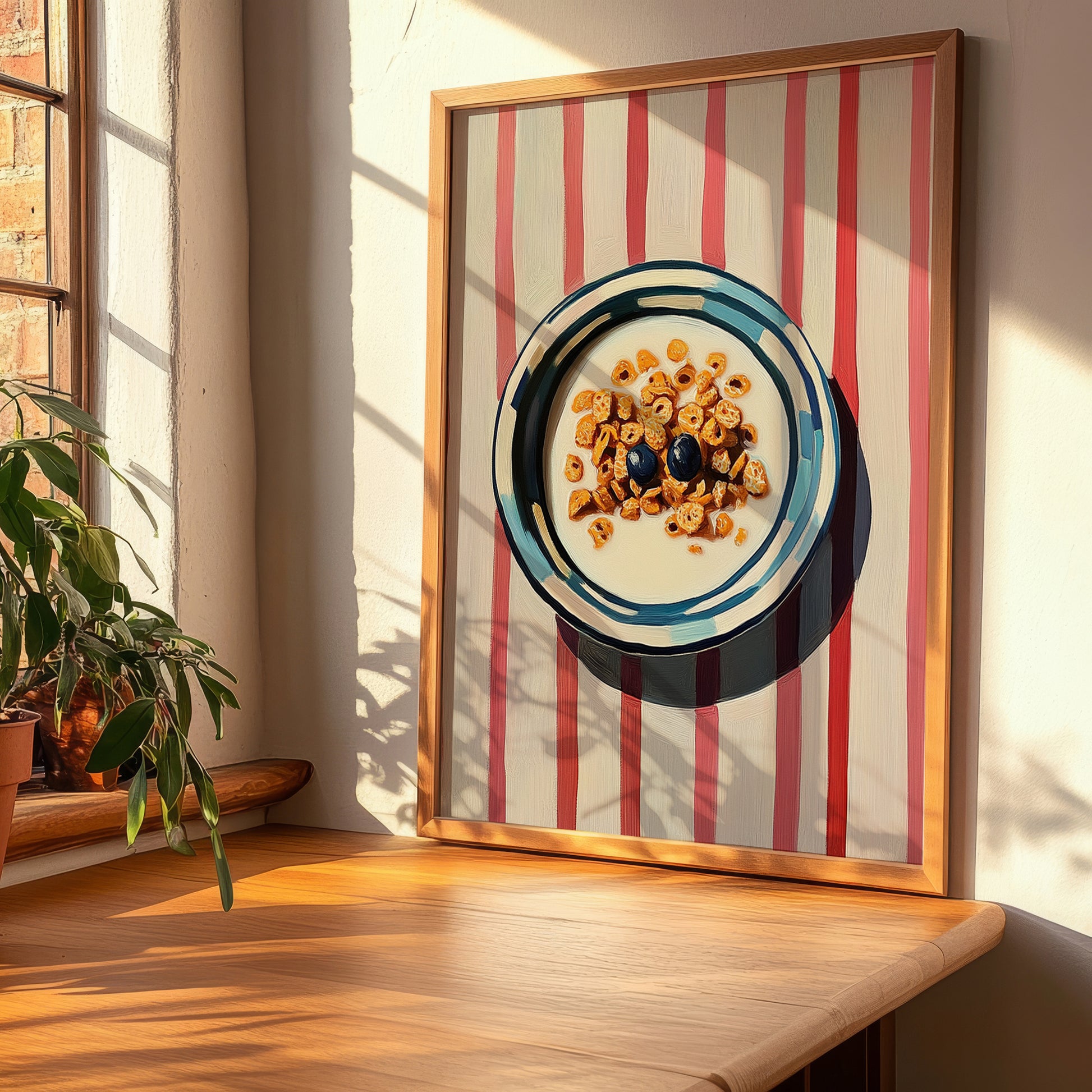 Cereal – on Striped Tablecloth, American Food Still Life, clean layout with no caption