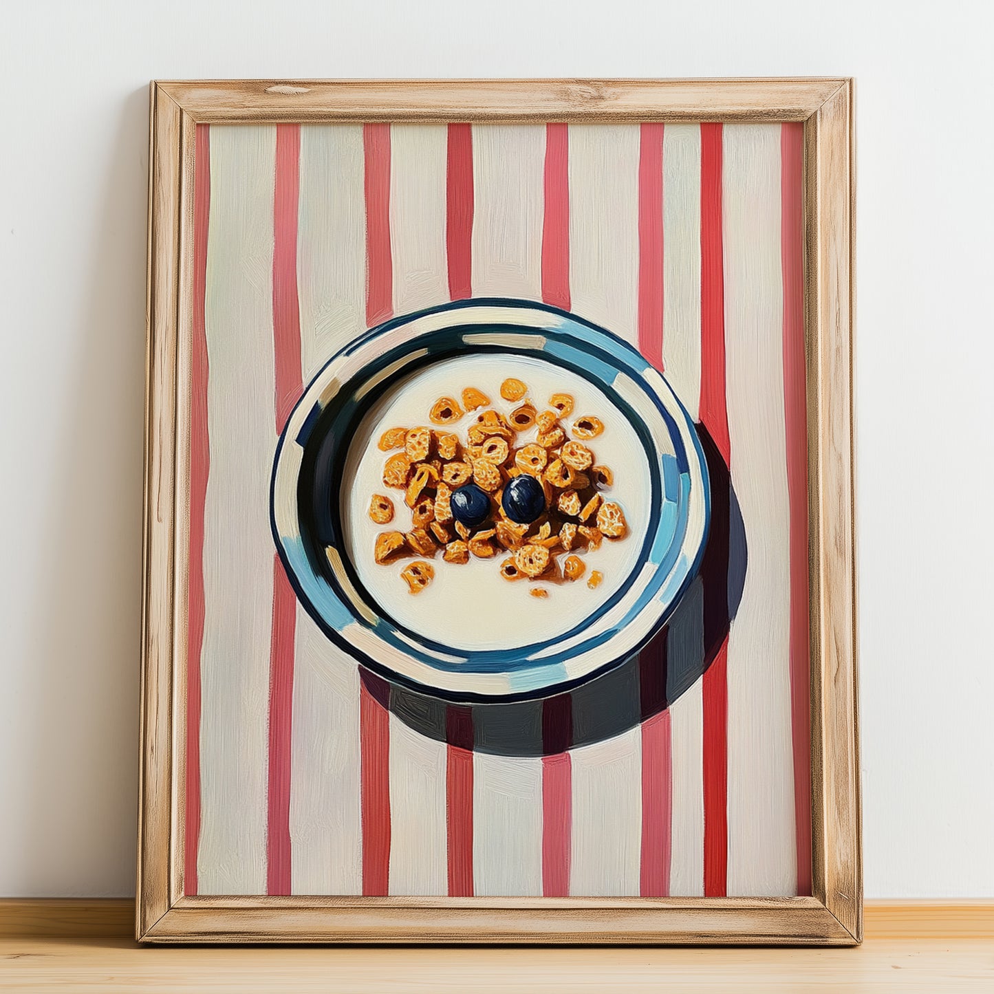 Cereal – on Striped Tablecloth, American Food Still Life, no-text version framed in wood