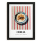 Cereal – on Striped Tablecloth, American Food Still Life, in sleek black frame