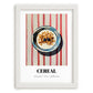Cereal – on Striped Tablecloth, American Food Still Life, placed in minimal white frame