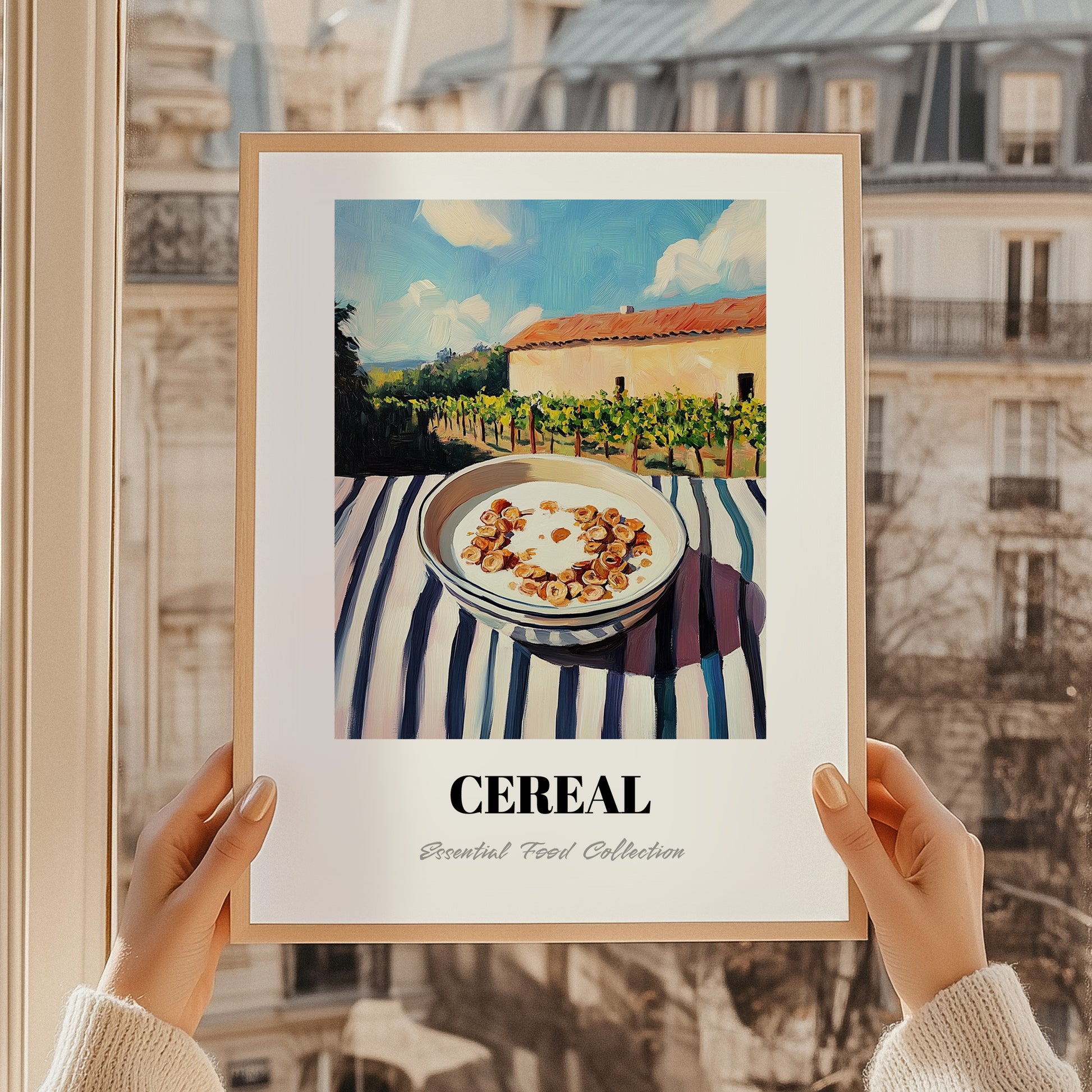 Cereal – Hillside Café View, American Food Wall Decor, styled in a charming Paris street view