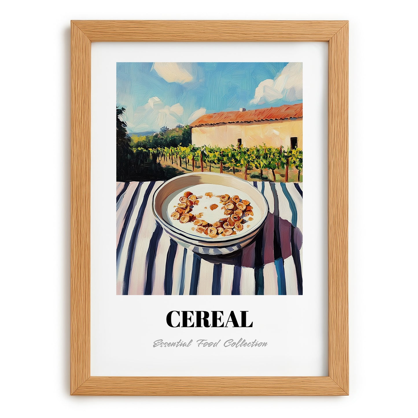 Cereal – Hillside Café View, American Food Wall Decor, set in oak frame