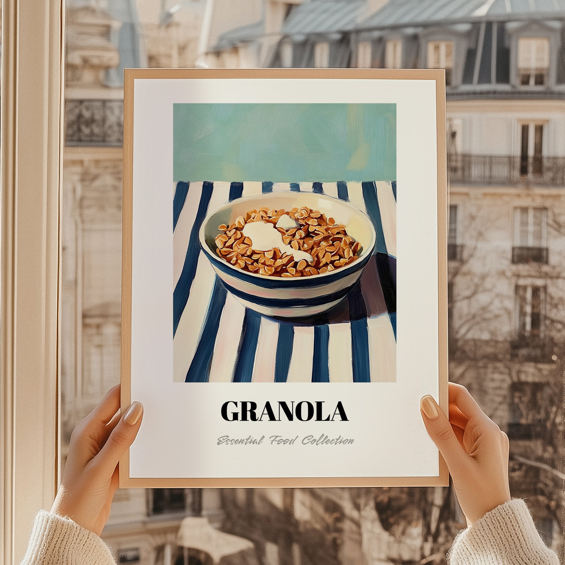 Granola – on Striped Tablecloth, American Food Illustration, styled in a charming Paris street view