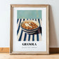 Granola – on Striped Tablecloth, American Food Illustration, in wooden frame leaning on the floor