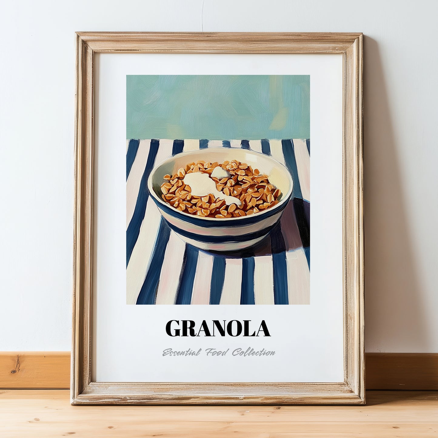 Granola – on Striped Tablecloth, American Food Illustration, in wooden frame leaning on the floor