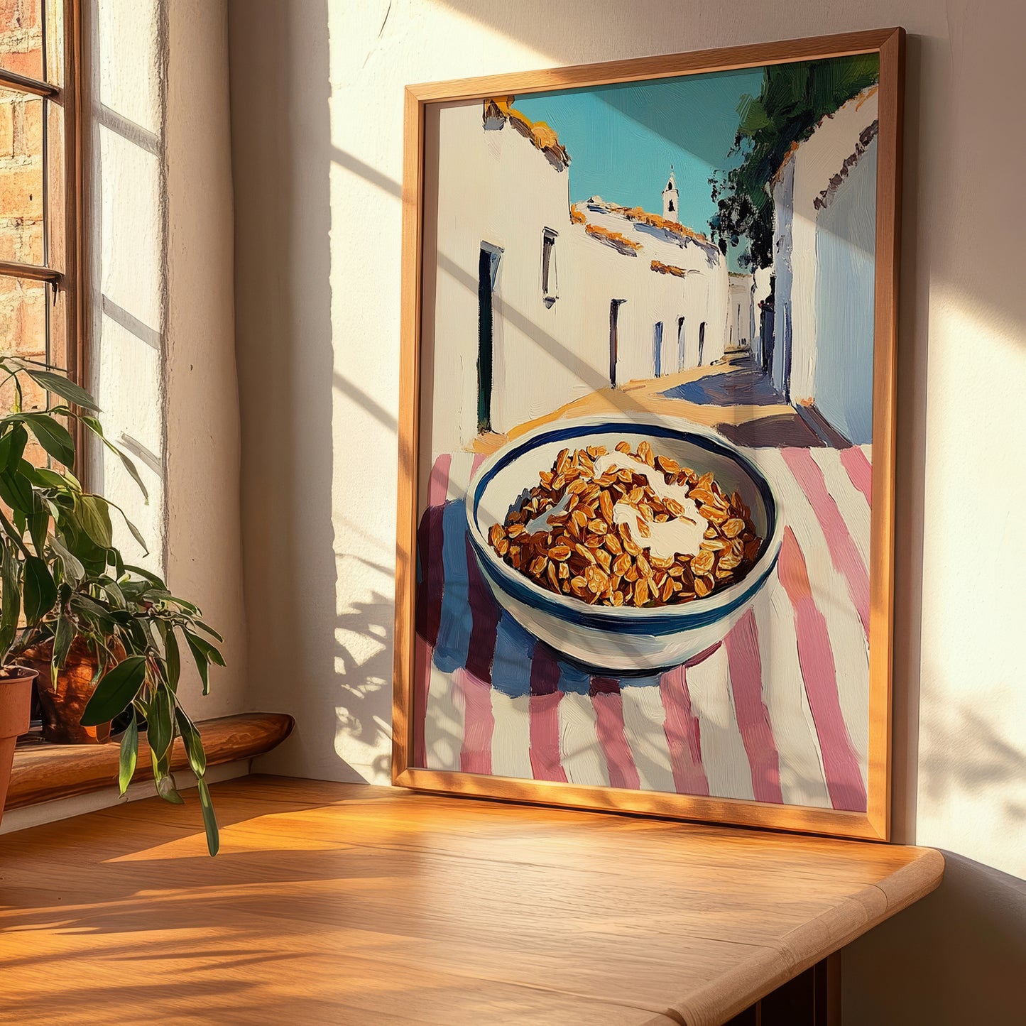 Granola – White village Street Café Scene, American Food Wall Decor, clean layout with no caption