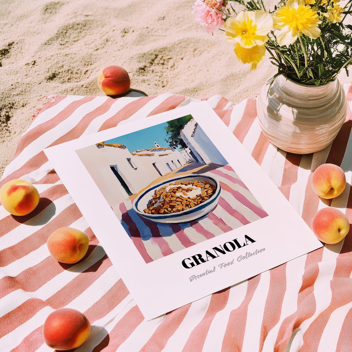 Granola – White village Street Café Scene, American Food Wall Decor, unframed on coastal sand