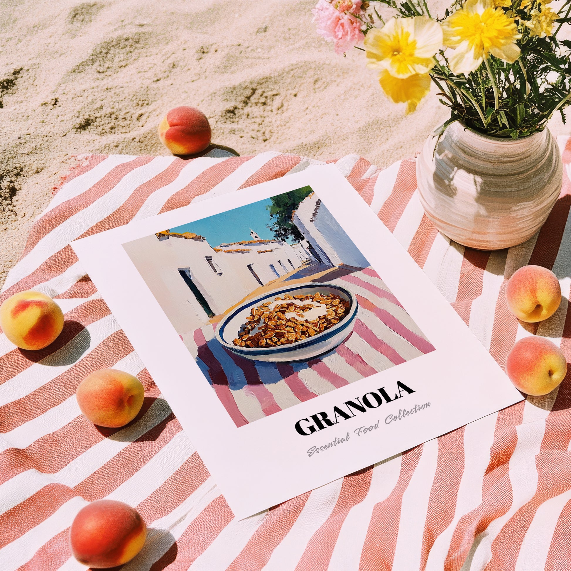 Granola – White village Street Café Scene, American Food Wall Decor, unframed on coastal sand