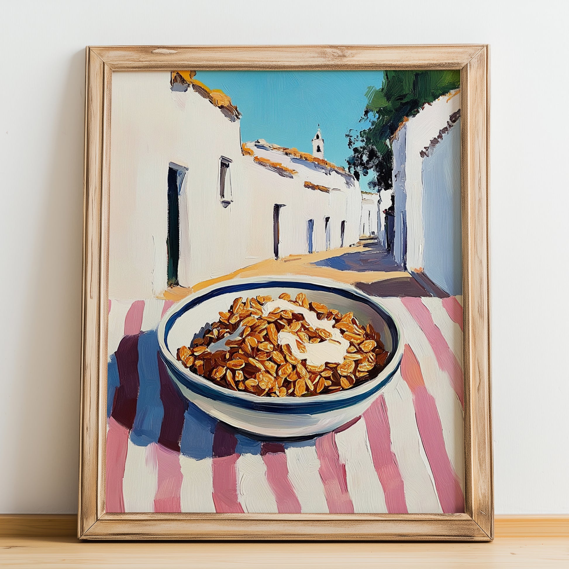 Granola – White village Street Café Scene, American Food Wall Decor, no-text version framed in wood
