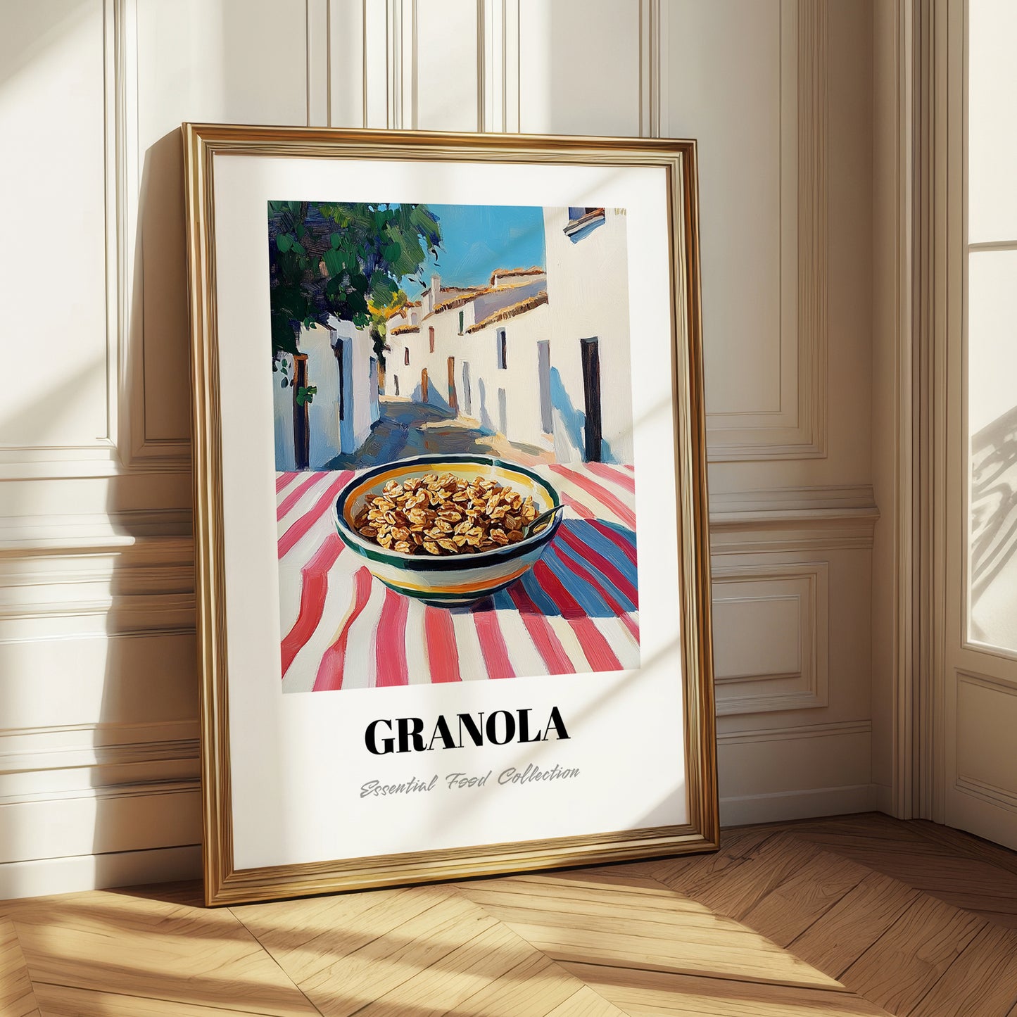 Granola – White village Urban Café Scene, American Food Wall Decor