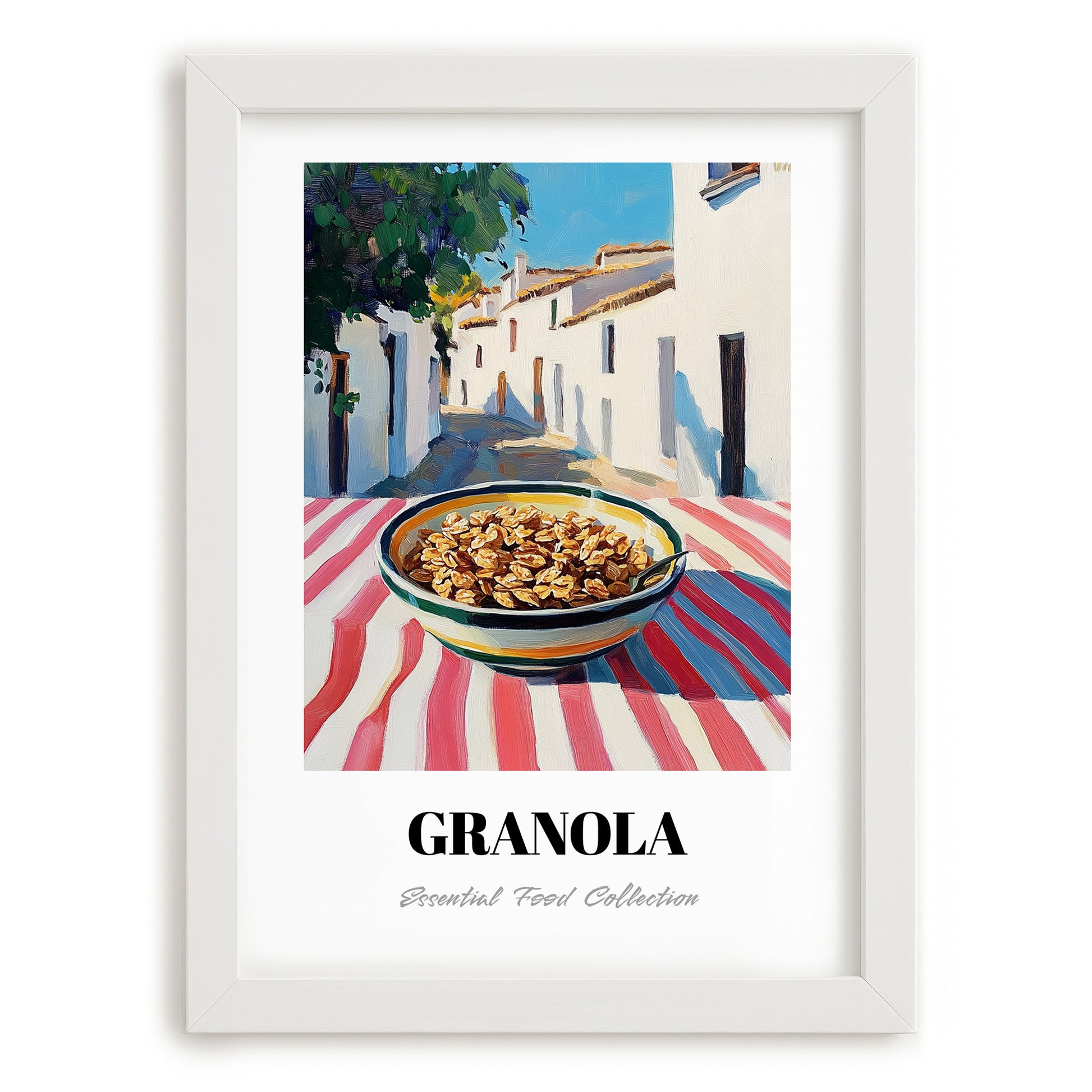 Granola – White village Urban Café Scene, American Food Wall Decor, placed in minimal white frame