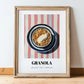 Granola #4 – on Striped Tablecloth, American Food Still Life, in wooden frame leaning on the floor