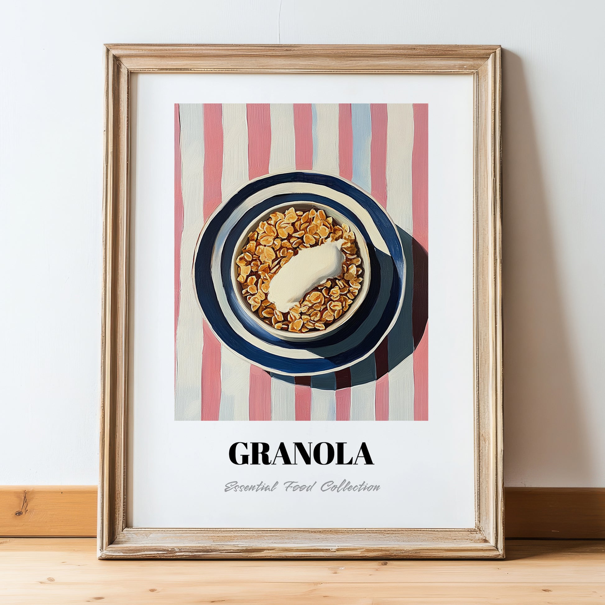 Granola #4 – on Striped Tablecloth, American Food Still Life, in wooden frame leaning on the floor