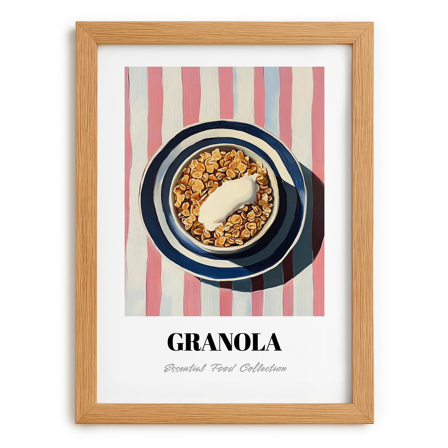 Granola #4 – on Striped Tablecloth, American Food Still Life, set in oak frame