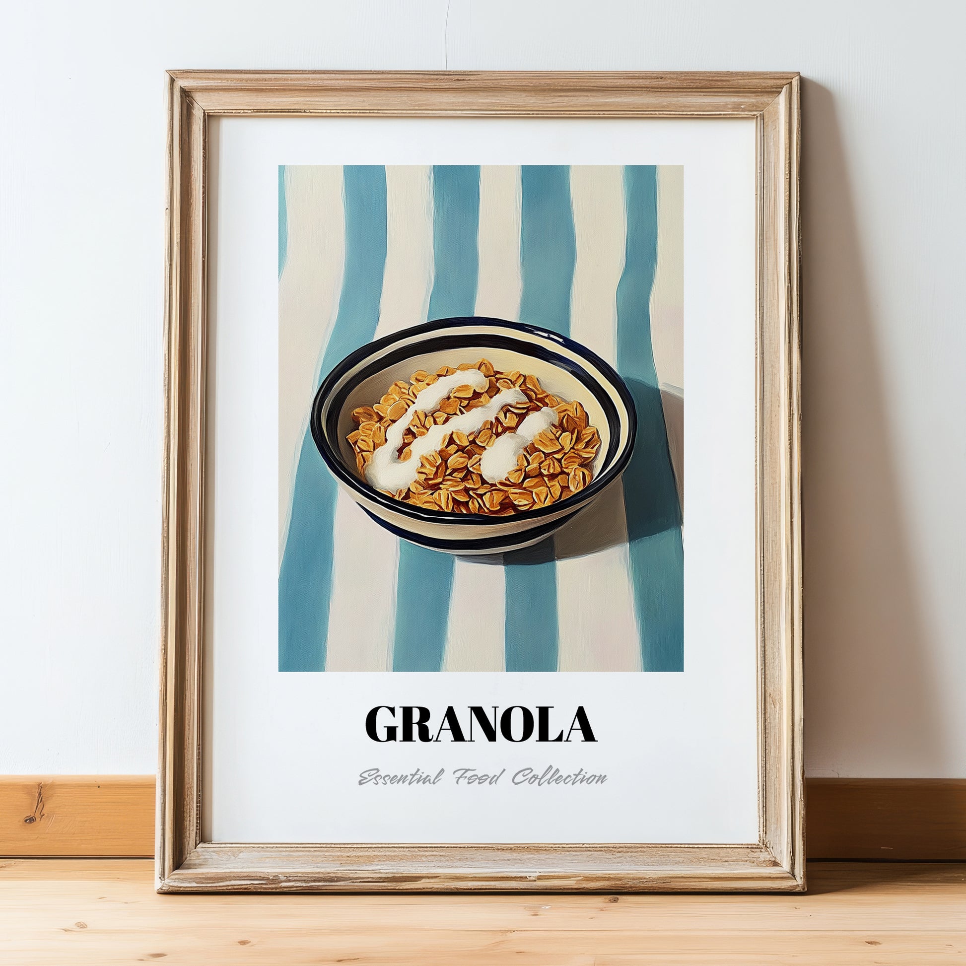 Granola #5 – on Striped Tablecloth, American Food Still Life, in wooden frame leaning on the floor