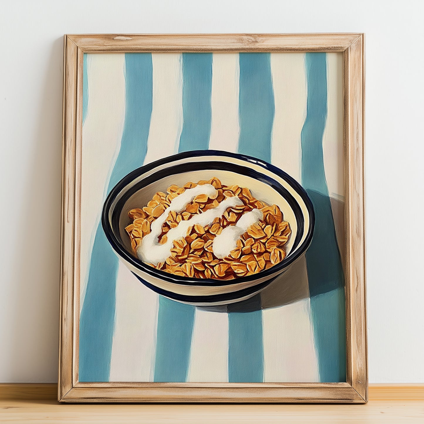 Granola #5 – on Striped Tablecloth, American Food Still Life, no-text version framed in wood