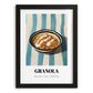 Granola #5 – on Striped Tablecloth, American Food Still Life, in sleek black frame