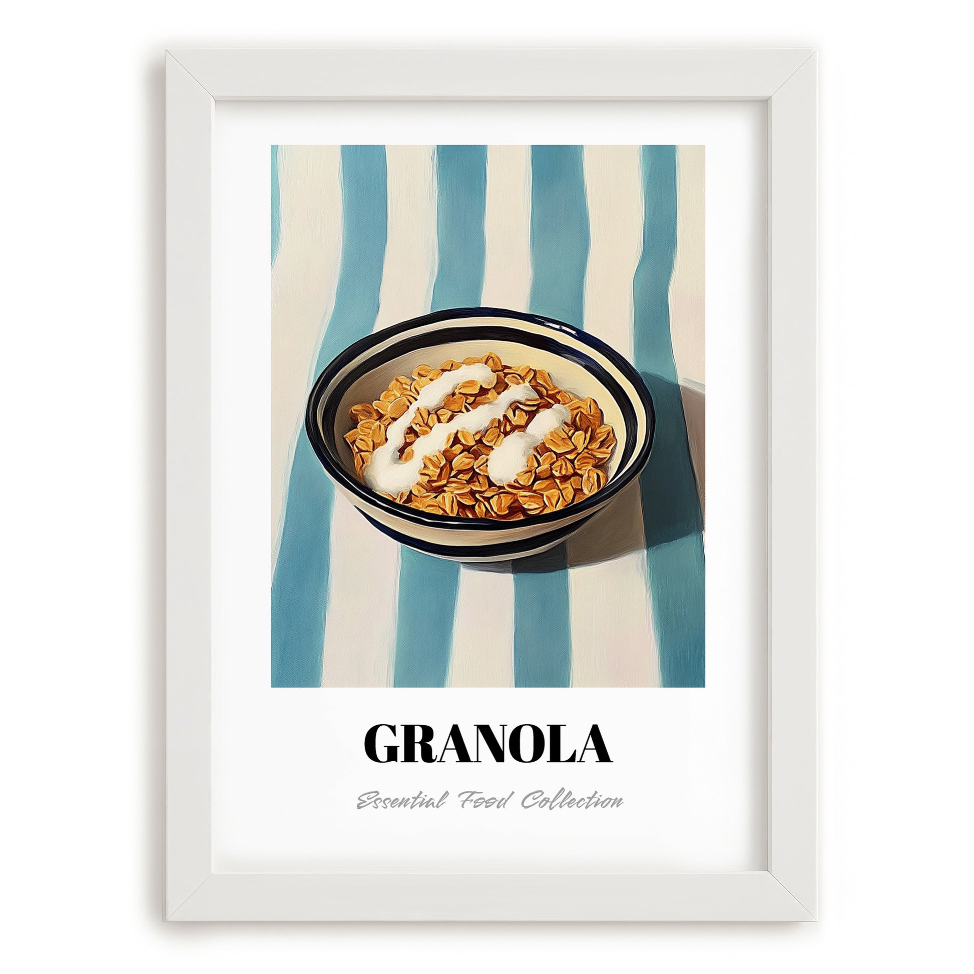 Granola #5 – on Striped Tablecloth, American Food Still Life, placed in minimal white frame