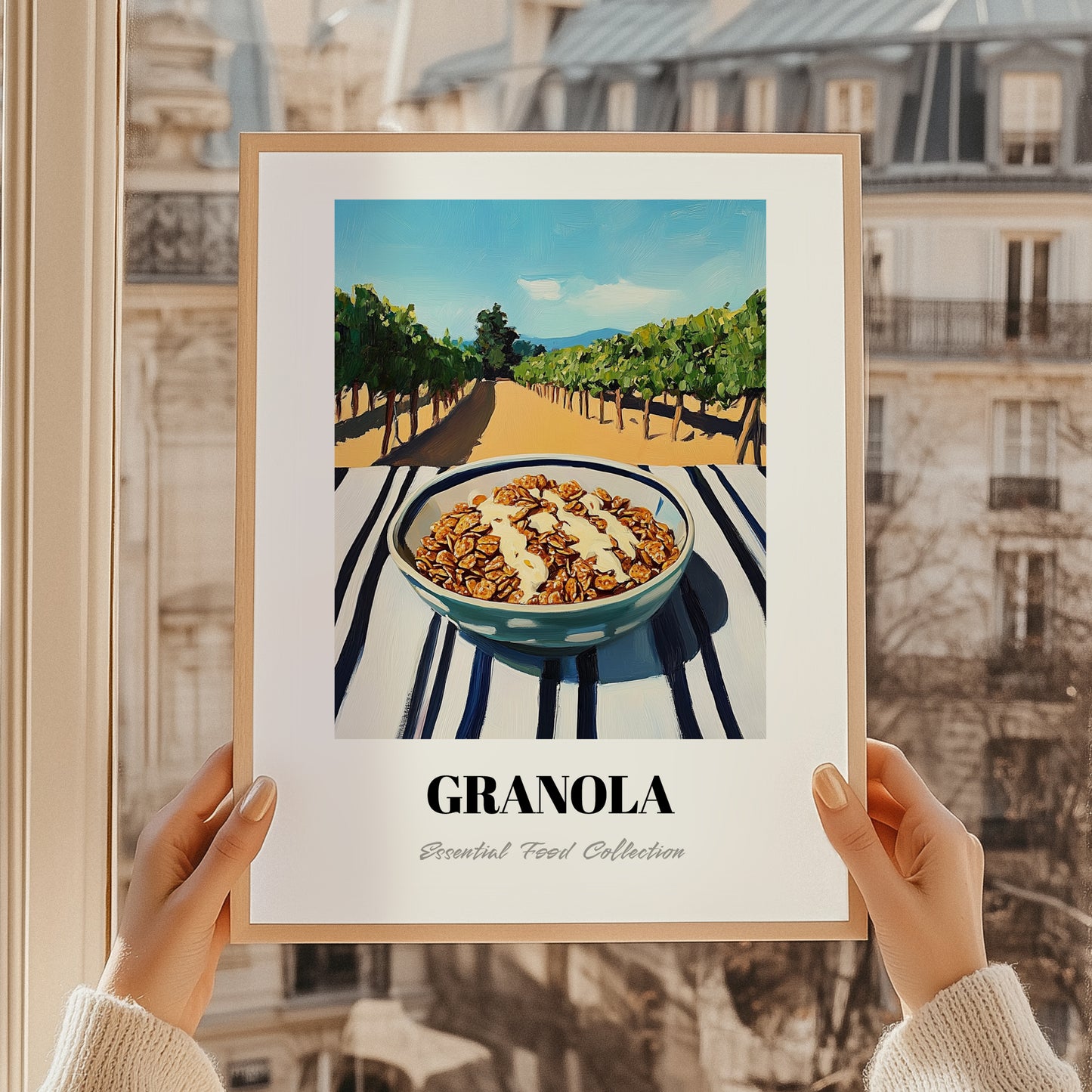 Granola #6 – Hilltop Table Scene, American Food Painting, styled in a charming Paris street view