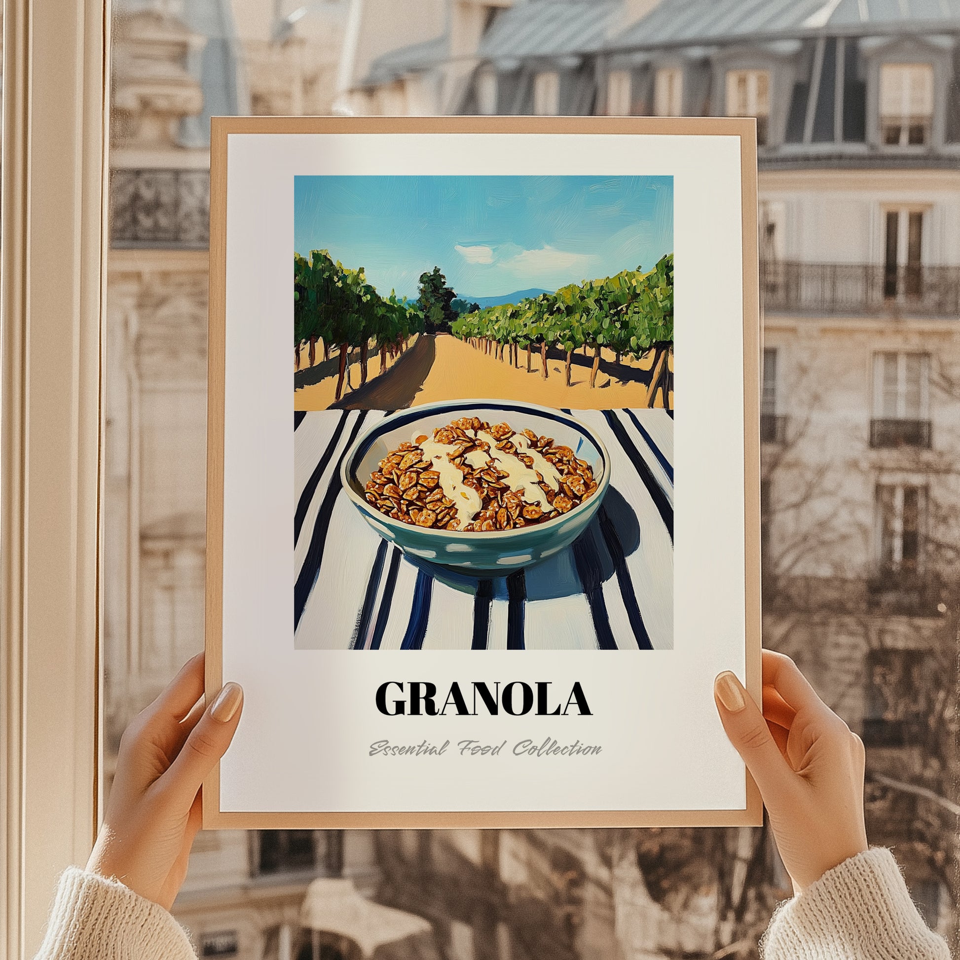 Granola #6 – Hilltop Table Scene, American Food Painting, styled in a charming Paris street view