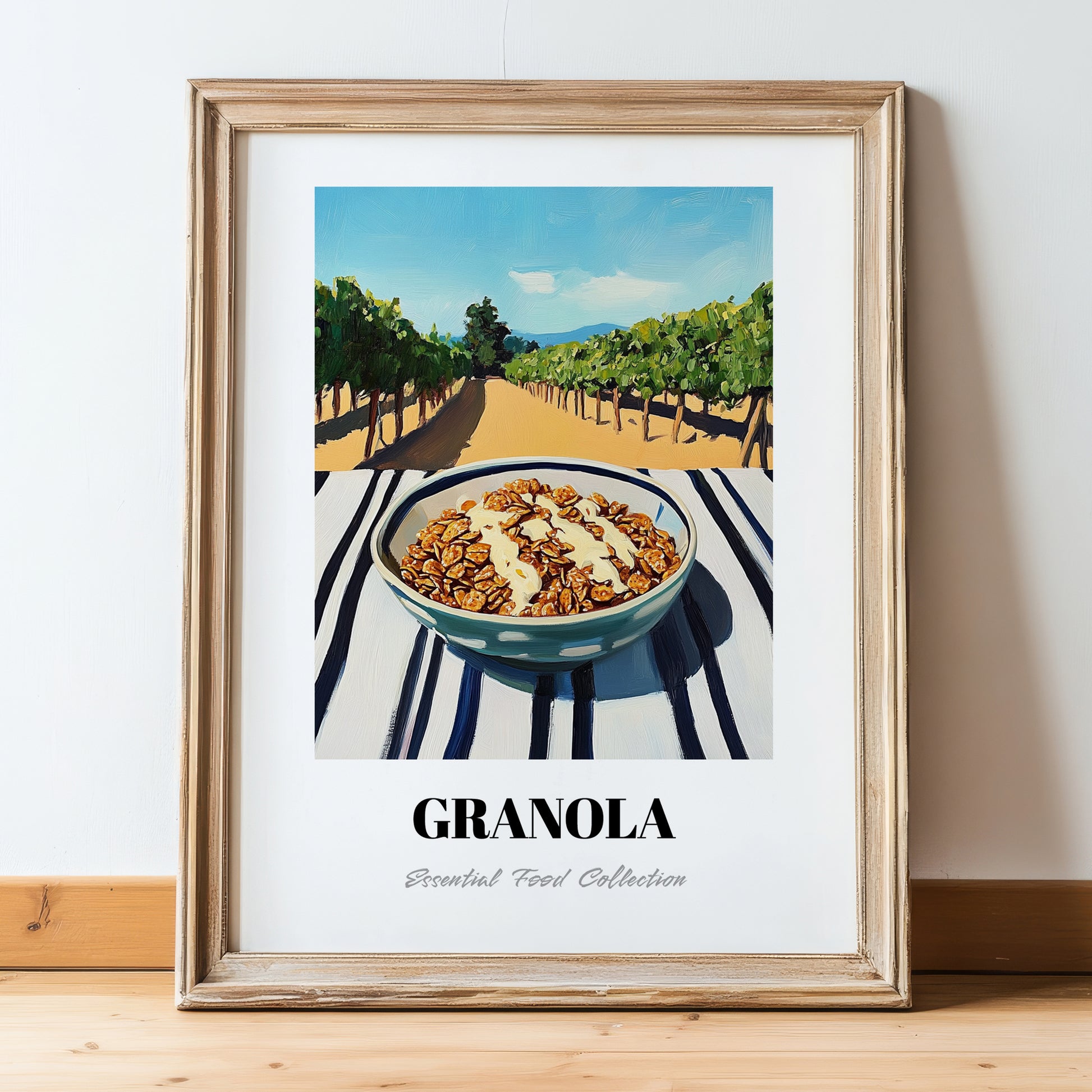 Granola #6 – Hilltop Table Scene, American Food Painting, in wooden frame leaning on the floor