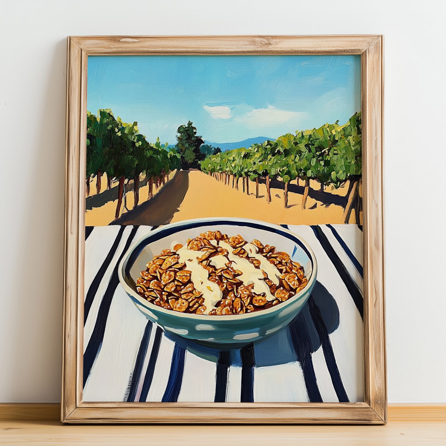 Granola #6 – Hilltop Table Scene, American Food Painting, no-text version framed in wood