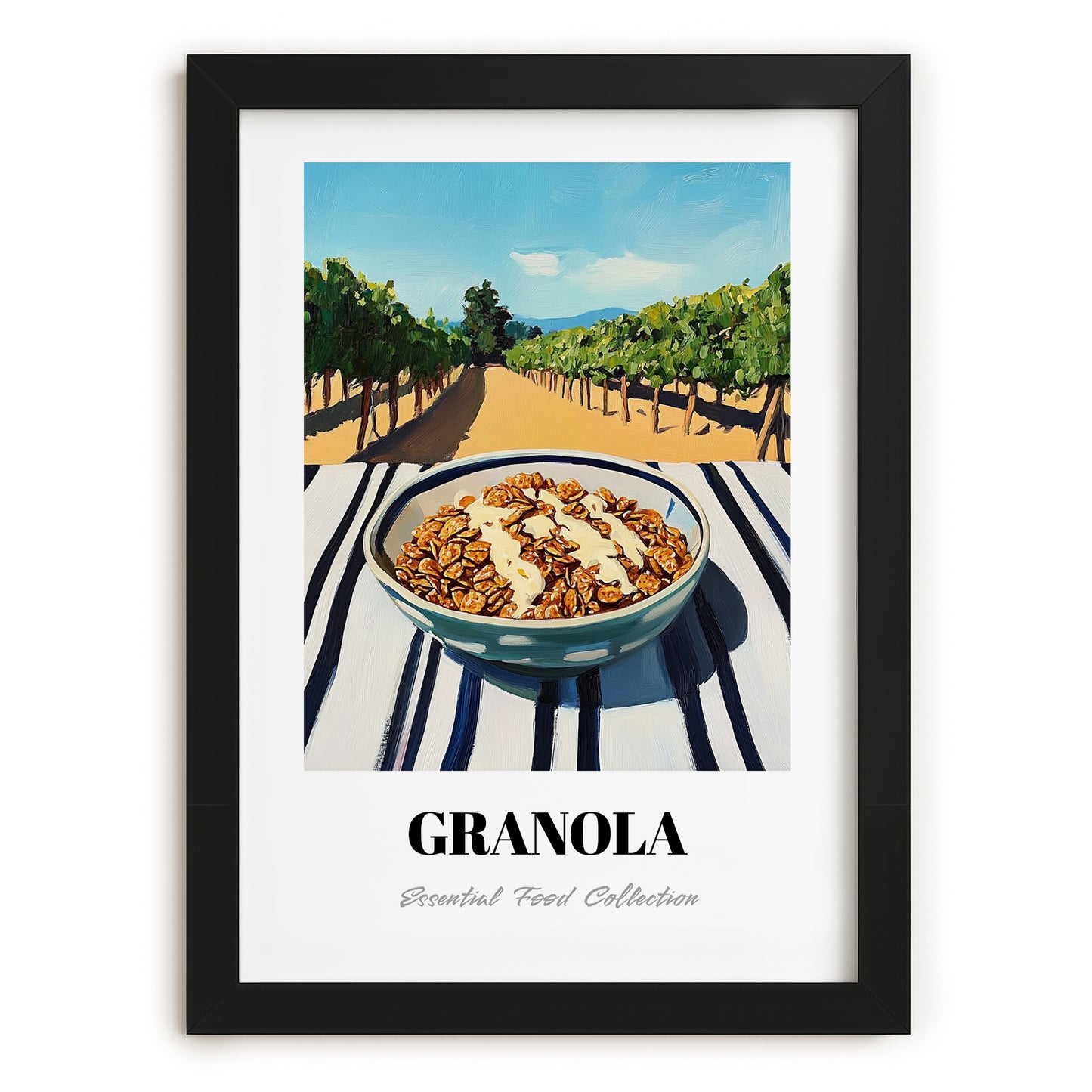 Granola #6 – Hilltop Table Scene, American Food Painting, in sleek black frame