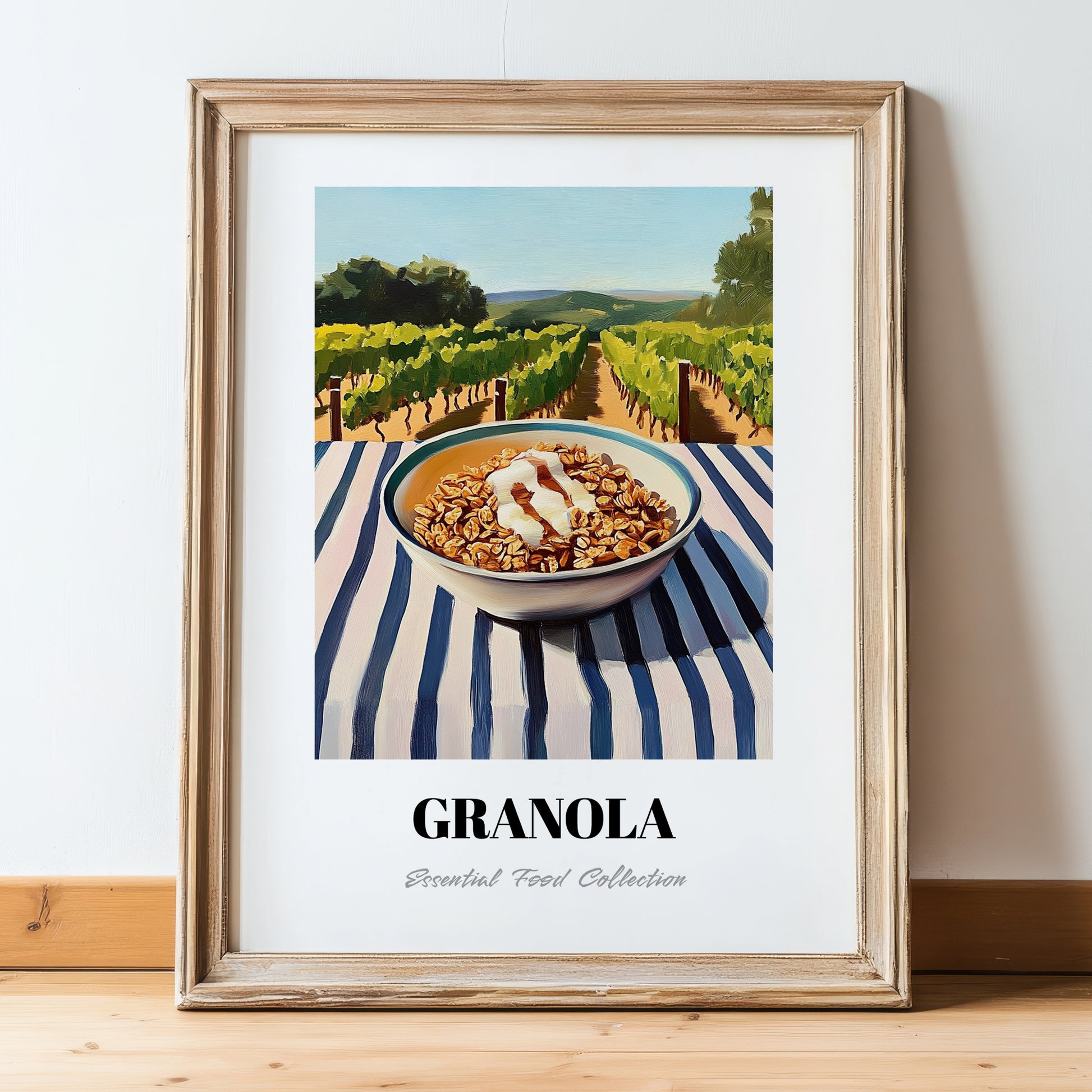 Granola #7 – Hilltop Table Scene, American Food Wall Decor, in wooden frame leaning on the floor