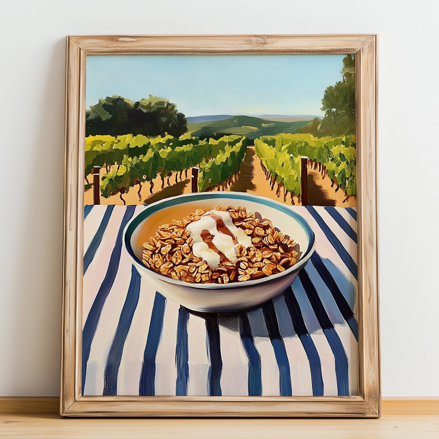 Granola #7 – Hilltop Table Scene, American Food Wall Decor, no-text version framed in wood