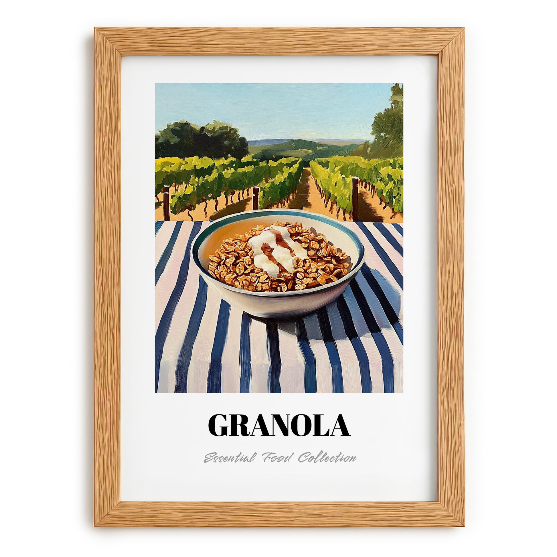 Granola #7 – Hilltop Table Scene, American Food Wall Decor, set in oak frame