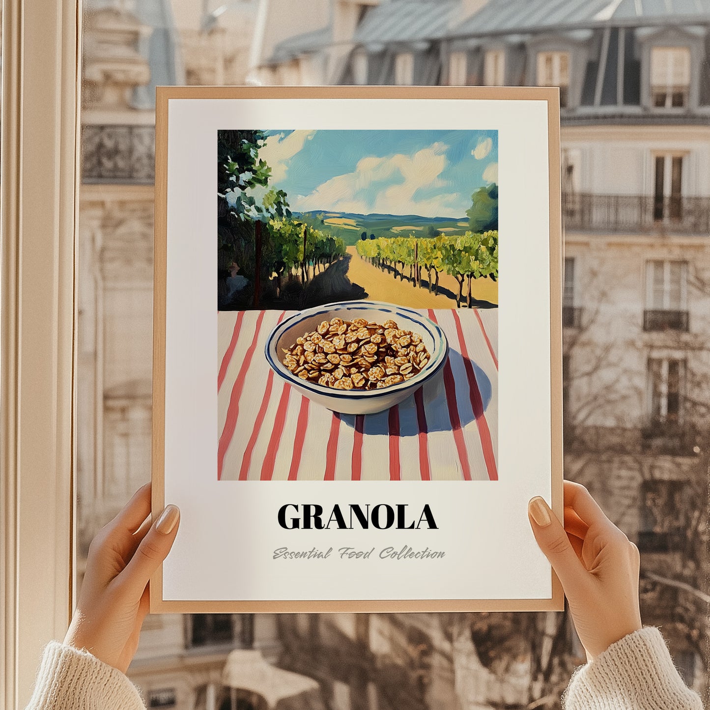 Granola #9 – Hilltop Table Scene, American Food Illustration, styled in a charming Paris street view