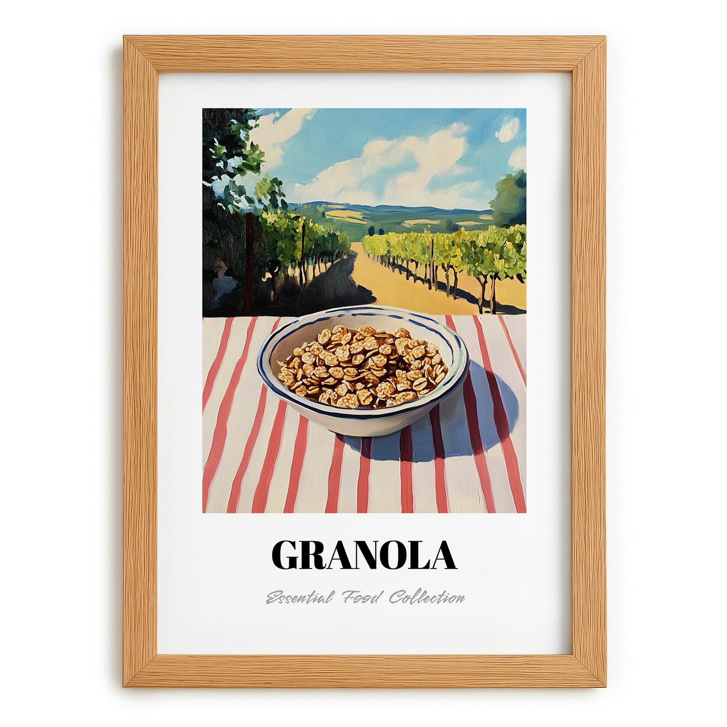 Granola #9 – Hilltop Table Scene, American Food Illustration, set in oak frame