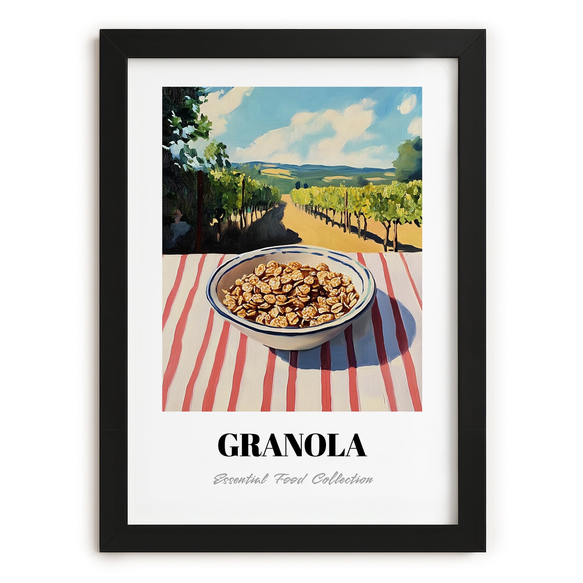 Granola #9 – Hilltop Table Scene, American Food Illustration, in sleek black frame
